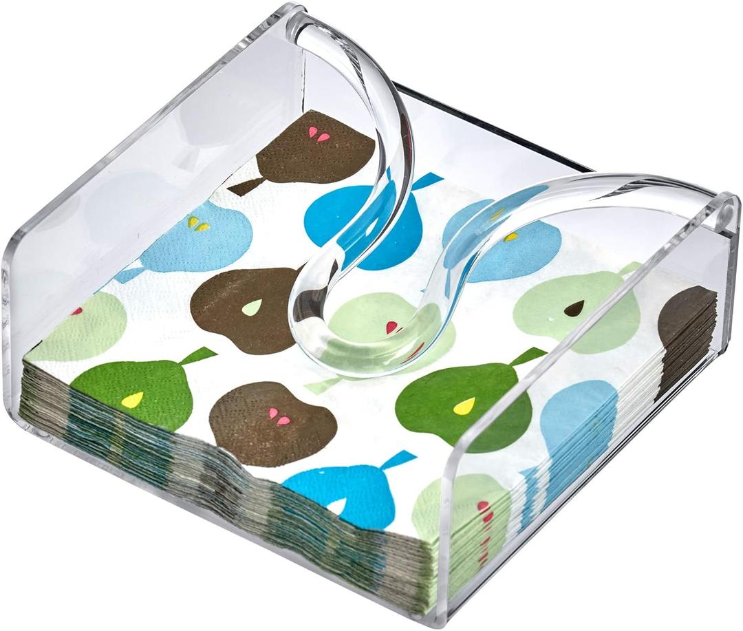 Amazing Abby Acrylic Luncheon Napkin Holder (6.5"x6.5"), Clear Plastic Napkin Dispenser with Weighted Arm and Non-Slip Pads, Great for Kitchen Counter, Dining Table, Bathroom Vanity, and More