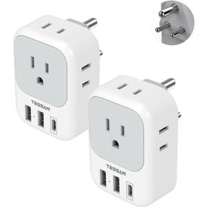 India Plug Adapter 2 Pack, TESSAN Type D Travel Adapter with 4 Outlets 3 USB Charger (1 USB C Port), US to Indian Outlet Adaptor for USA to Bangladesh, India, Kuwait, Maldives
