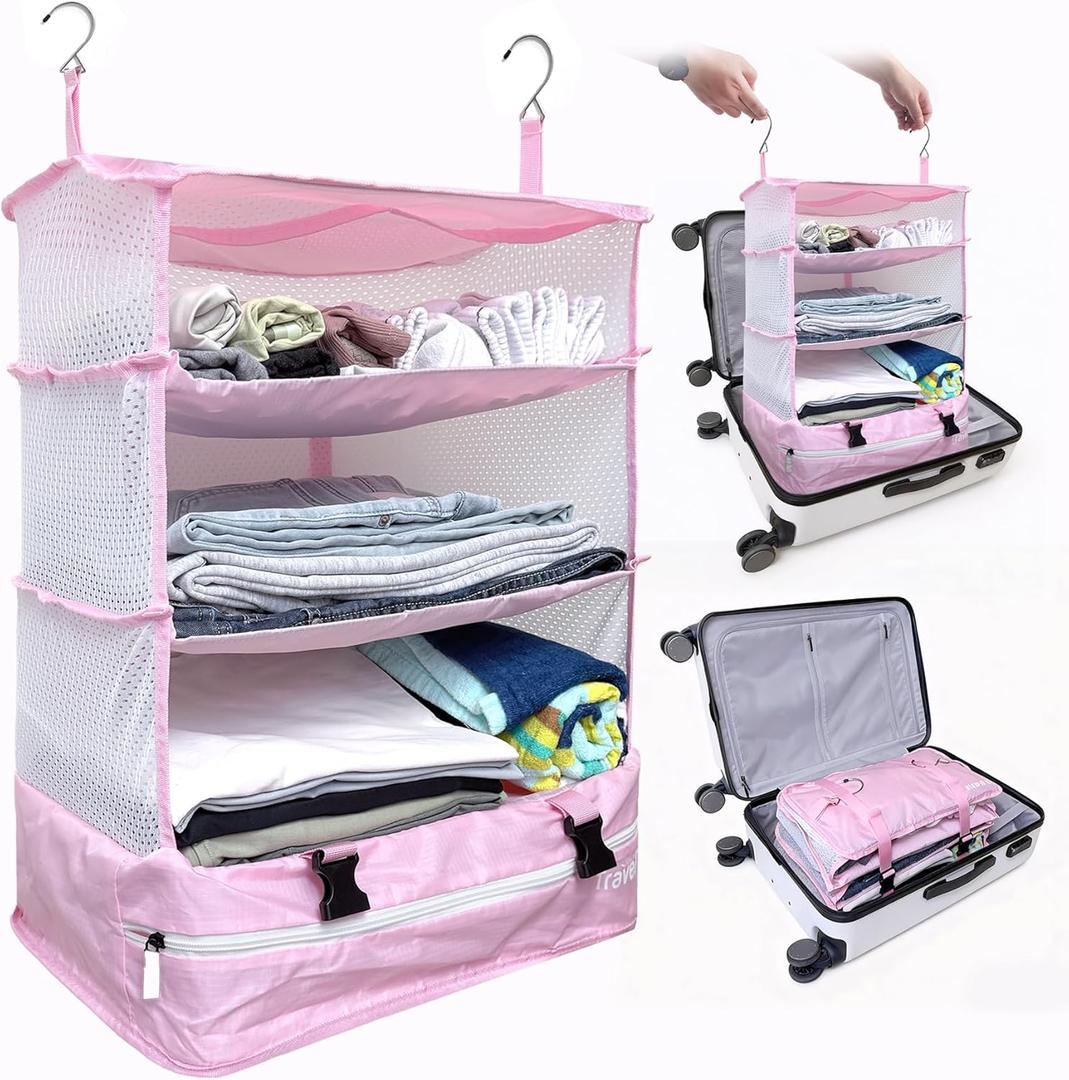 Grand Fusion Stow-N-Go Packing Organizer for Luggage, Portable Hanging Travel Shelves, Carry-On Closet, Hanging Packing Cubes, Collapsible Carry-On Organizer for Cruises & Hotels Pink - XL