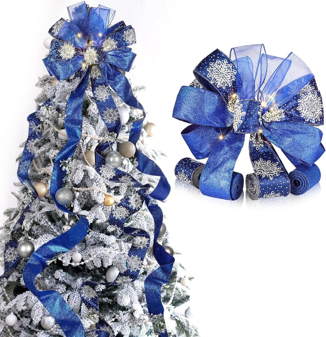 Large Christmas Tree Topper Bow 12.6 X 118 inch Lighted up Christmas Bow with 4 X 3 Yards Ribbon Streamers for Xmas Christmas Tree Decor(Blue)