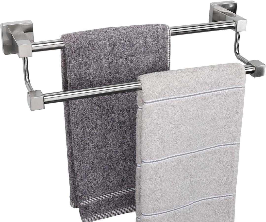 TocTen Double Bath Towel Bar - Thicken SUS304 Stainless Steel Towel Rack for Bathroom, Bathroom Accessories Double Towel Rod Heavy Duty Wall Mounted Square Towel Holder(Brushed Nickel, 16 INCH)