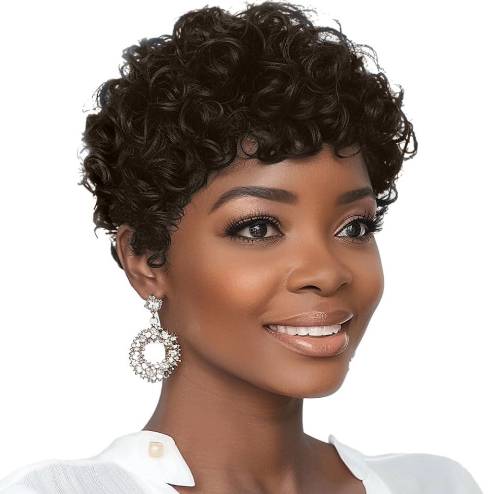 MOONSHOW Short Pixie Cut Wigs for Black Women Dark Brown Short Curly Pixie Wigs Brown Curly Wigs for Black Women Synthetic Pixie Haitcut Wig (6 Color)
