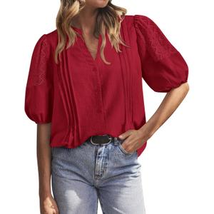 BTFBM Women's Lace Puff Sleeve Tops 2025 Summer V Neck Casual Button Down Shirts Loose Dressy Work Business Blouse Top (X-Large, Red)