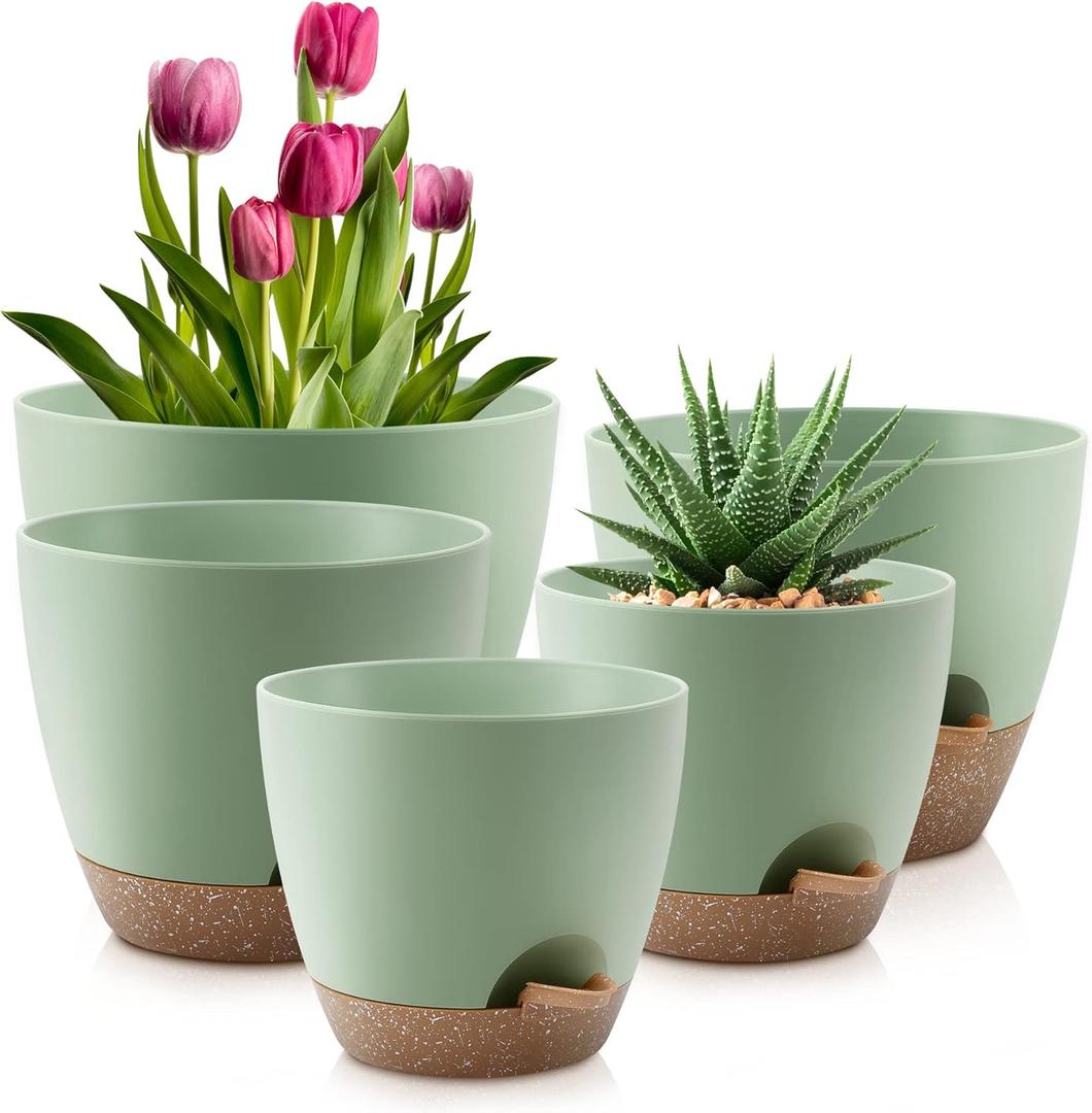 QRRICA Plant Pots 10/9/8/7.5/7 Inch Self Watering Pots, Set of 5 Plastic Planters with Drainage Holes and Saucers,Plastic Flower Pots,Nursery Planting Pot for Indoor Out Door PlantsGreen