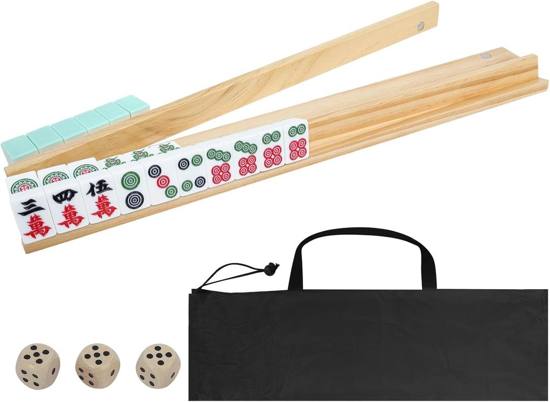 JARTEEK Mahjong Racks with Pushers Set of 4, AllinOne Tile Wooden Mahjong Racks 4 Strong Magnetism Attached Pushers, Dice & Storage Bags for American Mahjong Tile (Wood)