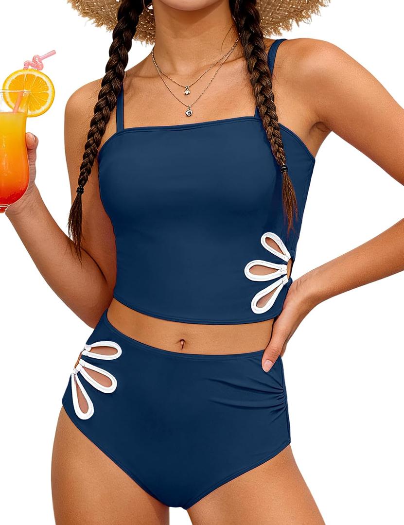 Girls Swimsuit Adjustable Straps Cut Out Swimwear 2 Piece Solid Color Tankini for Girls Bathing Suit 11-12Y