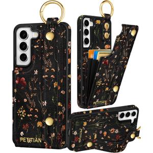 Petitian for Samsung Galaxy S22 Case with Wallet - Women Girls Cute Girly Aesthetic Unique Design Leather Credit Card Holder Cardholder Stand Wristband for S22, Grow Flower