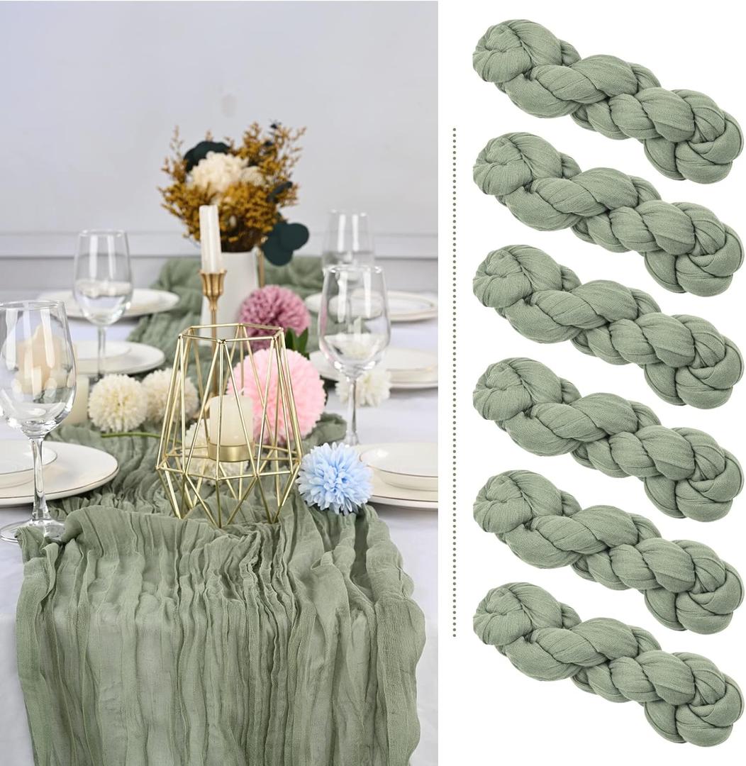 6 Pack Sage Green Cheesecloth Table Runner 10FT Boho Table Runner Long Semi-Sheer Gauze Fabric Rustic Vintage Wedding Table Decor for Wedding Decor Arch Draping Holiday Party Home