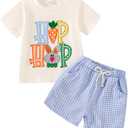 Toddler Baby Boy Easter Outfit Embroidered Bunny/Carrot T-shirt Top+Striped Pants 2PC Clothes (12-18 Months, Blue)