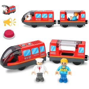 Battery Operated Train Set for Wooden Train Track (w/sound & Magnetic Connection), Powerful Engine Action Locomotive Train Set Fits Brio, Thomas, Chuggington Wooden Tracks, Train Toys for Toddlers 3Y+
