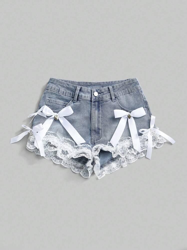 Y2K Lace Trim Shorts Low Waist Bow Ruffle Mini Shorts Coquette Kawaii Denim Look Hot Pants Gothic 2000s Streetwear, Size: M