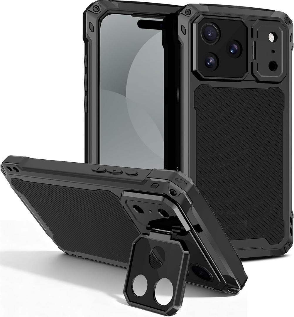 NINKI for iPhone 17 Pro Max Case with Camera Cover and Kickstand, Metal Silicone Full Body Shockproof Rugged Aluminum Phone Cover for iPhone 17 Pro Max Case 6.9 inch with Screen Protector 2025 - Black