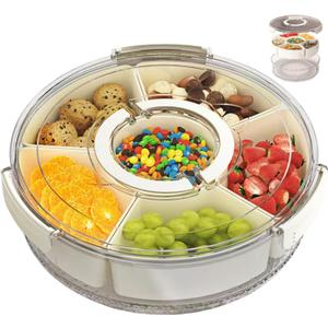 Snackle Box Container Divided Rotating Serving Tray with Lid and Handle, Portable for Fruits Snacks Veggie Charcuterie, Clear Snack Spinner Organizer and Fridge Storage Container for Trave and Picnic