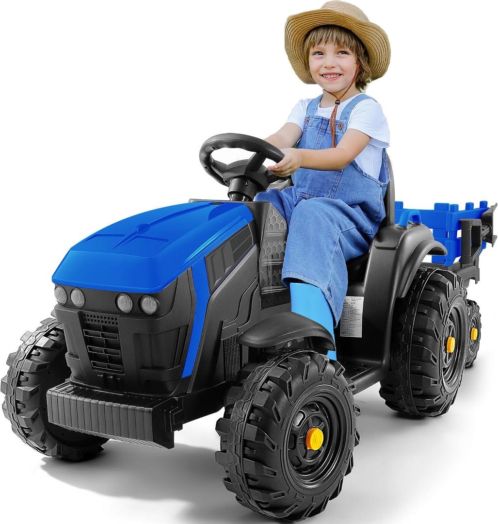 ELEMARA 24V 9AH Ride on Tractor with Easy Detachable Trailer, 24V Ride on Toys for Big Kids, 400W Electric Vehicles Ride On Tractor Car with Shovel, All-Terrain Capability, for Ages 3+, Music, Blue, Large