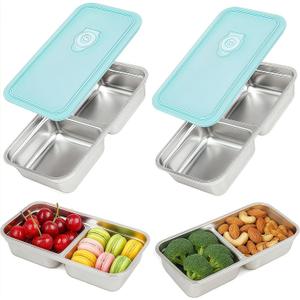 2Pcs 304 Stainless Steel Bento Boxes, 2 Compartments Portable Food Storage Containers Snack Boxes with Lids, Divided Meal Prep Lunch Box Food Container Dishwasher Safe (2PCS-Ocean Blue)