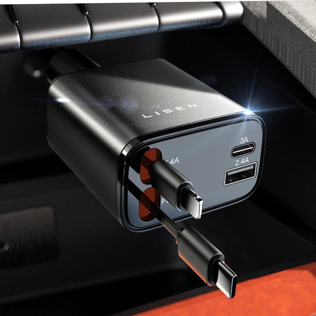 LISEN Retractable Car Charger Adapter for iPhone 17,4 in 1 Fast Charging Car Phone Charger,69W USB C Car Truck Accessories,Road Trip Essentials Gift for Men Women for iPhone 17 Pro Max/16/15/14/13/12
