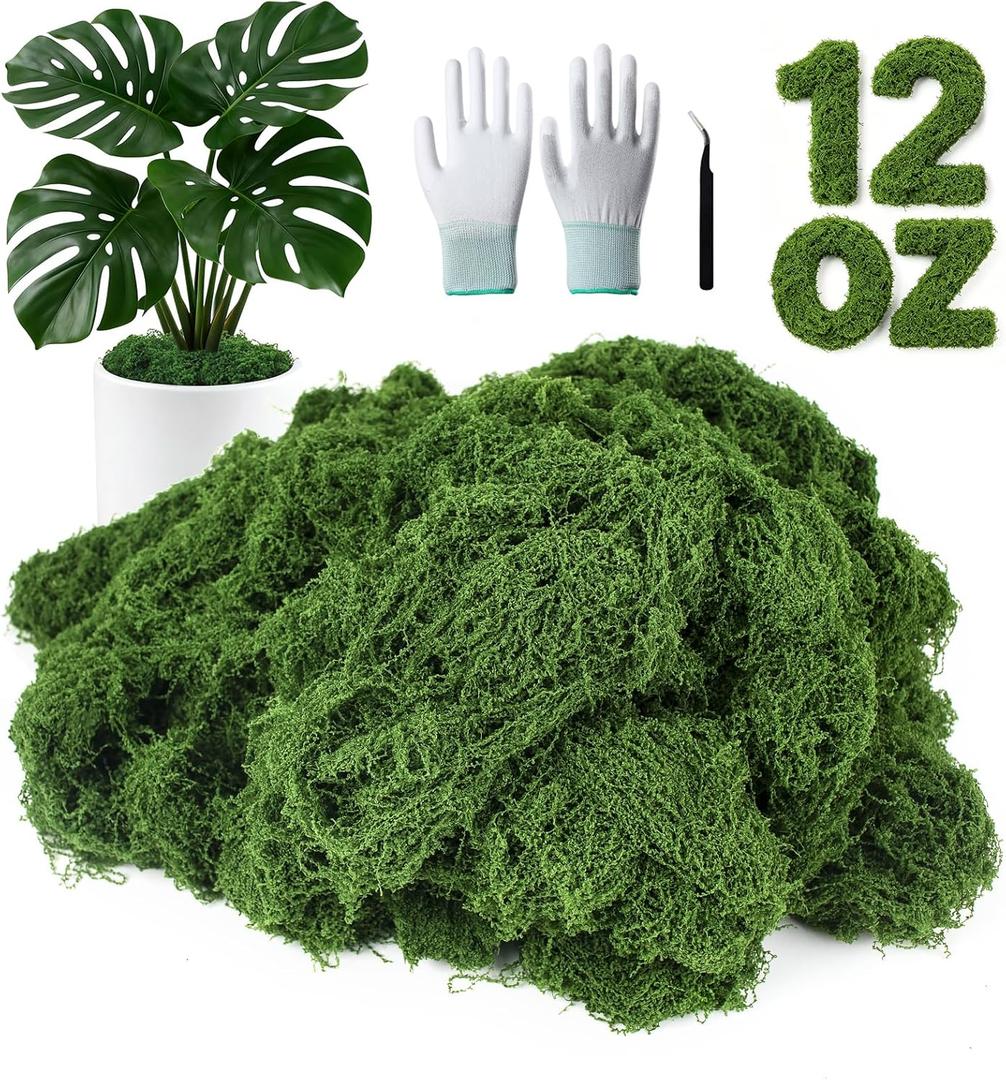 MGLIFEUL 12OZ Artificial Fake Moss for Crafts Plants Indoor with Non-Stick Gloves and TweezersPreserved Green Plant Faux Craft Moss Musgo for Fairy Garden Indoor Outdoor Home Decorating Model Making