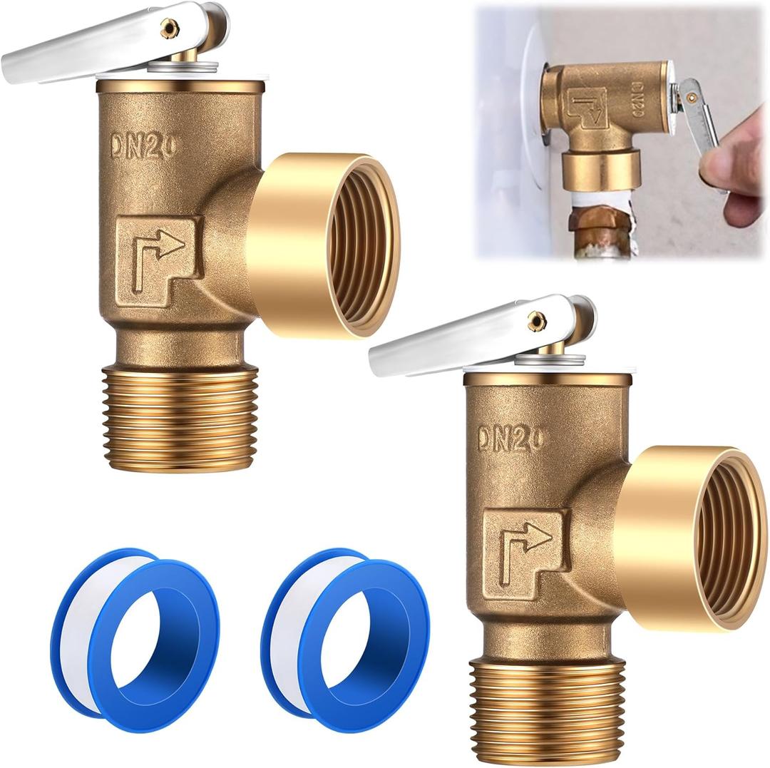 2 Pack Pressure Relief Valve, Boiler Relief Valve with 3/4" NPT Thread, PTFE Thread Seal Tape, Brass, for Hot Water and Cold Water Systems (30 Psi)
