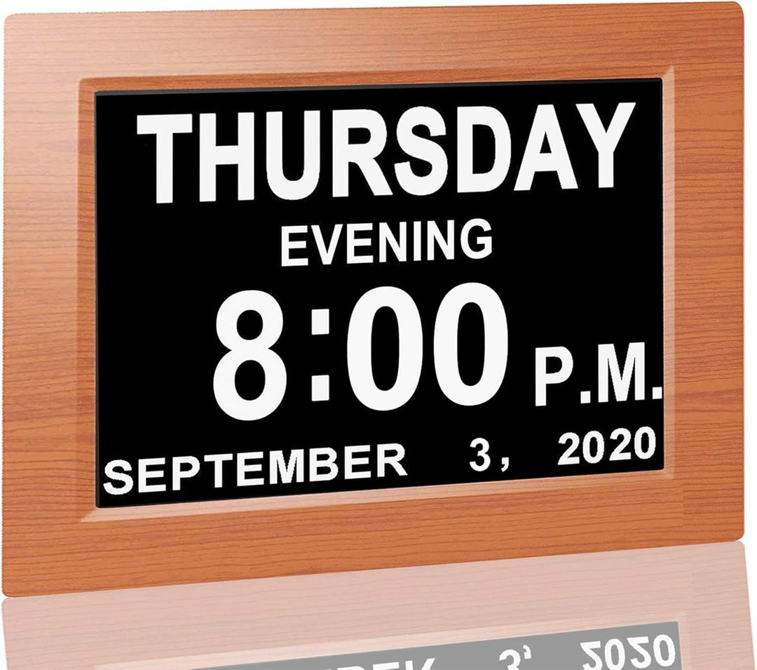 JALL New 2024 Digital Calendar Alarm Day Clock - with 8" Large Screen Display, am pm, Multiple Alarms, for Impaired Vision People, The Aged Seniors, The Dementia, for Desk, Wall Mounted, Wood