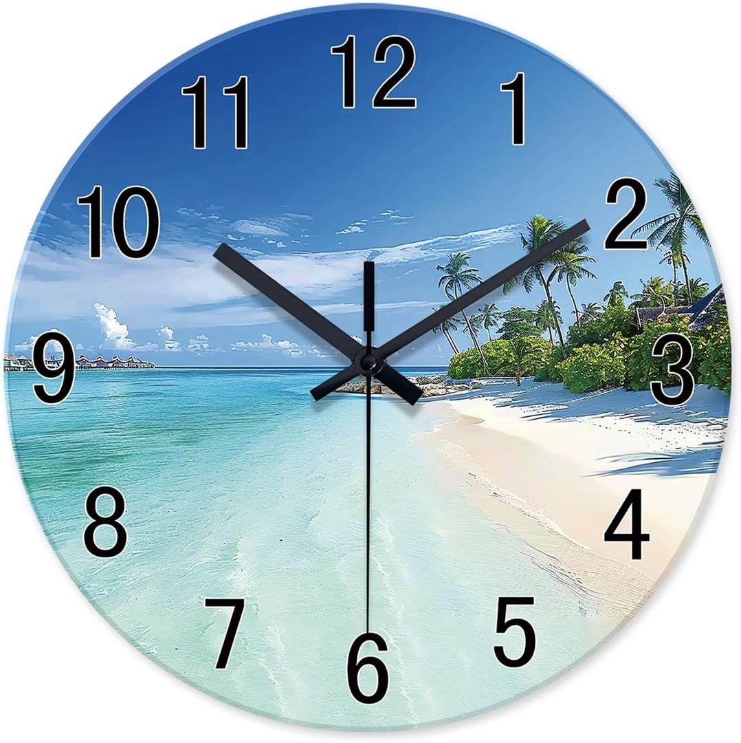 XFM Beach Coastal Wall Clocks Battery Operated 20 Inch Large Wall Clock Silent Tropical Seascape Glass Wall Clock for Living Room Bedroom Kitchen Decor (Blue1)