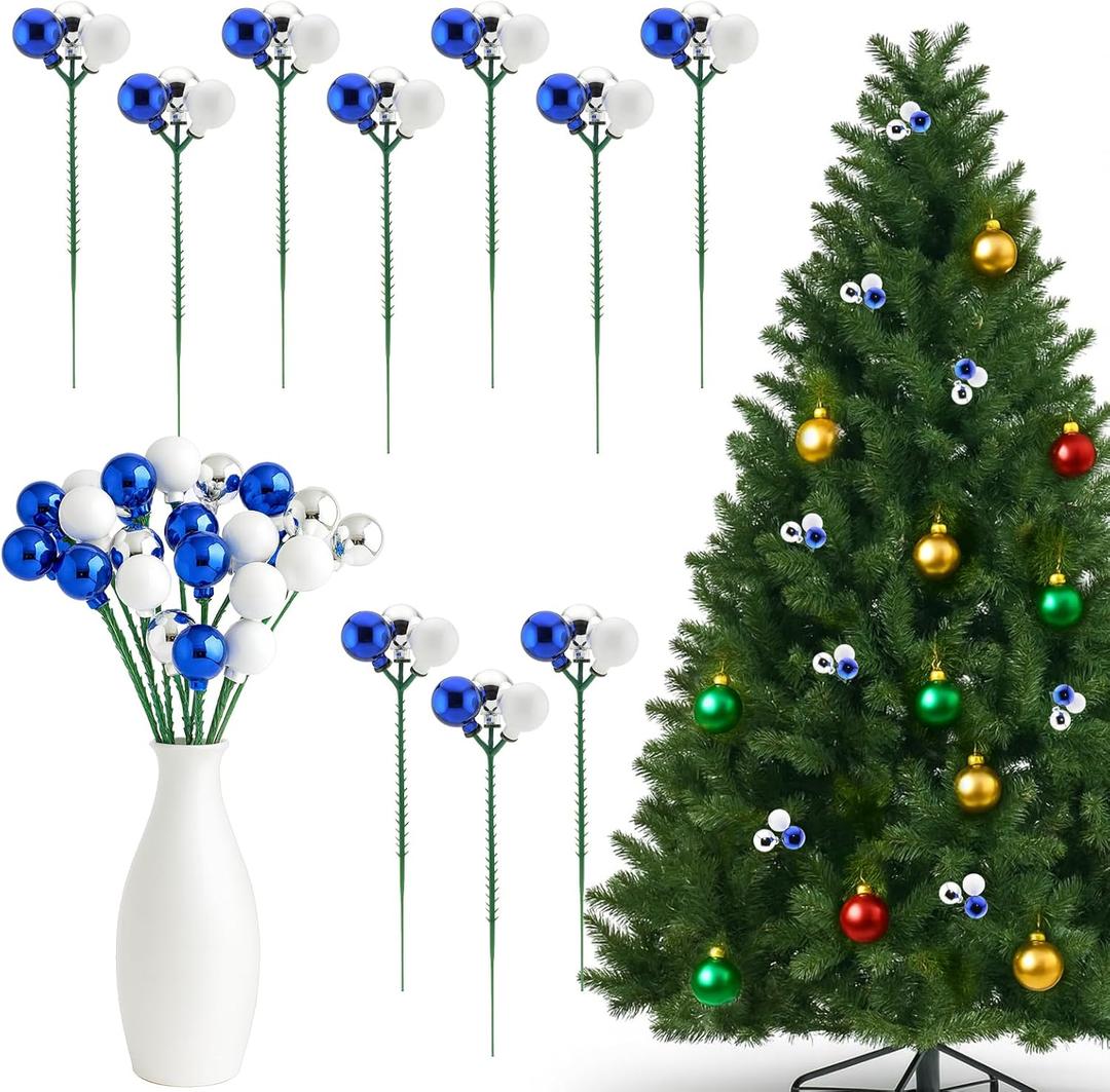 10 Pcs Christmas Ball Ornaments 7.9 Inch Red Green Gold Christmas Tree Picks for Holiday Wedding Vase Fillers Xmas Tree Topper DIY Wreath Crafts Decor (White,Silver,Blue)