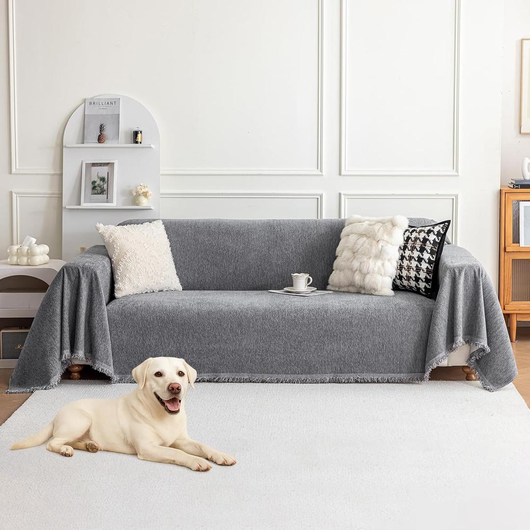 Deep Dream Chenille Sofa Cover, Couch Covers for 3 Cushion Couch, Washable Slipcovers for Sectional l Shaped Dogs Protector Furniture Covers (71" x 91", Dark Gray)