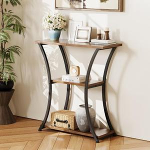 Rustic 3-Tier Console Table with Open Shelves Narrow Entryway Table with Curved Metal Frame Slim Sofa Table for Hallway Living Room or Foyer (Rustic Brown)