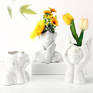 Sieral 3 Pcs Ceramic Face Vase Female Form Flower Modern Body Vase for Decor with Head Half Body Bust Centerpiece for Table Shelf Home Bedroom Room Office(Small,White)
