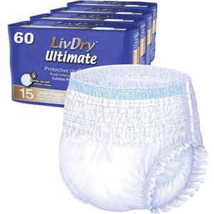 LivDry Large Ultimate Adult Incontinence Underwear, High Absorbency, Leak Cuff Protection, L, 60-Pack