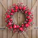 Idyllic 20 Inch Heart-Shaped Berries Front Door Wreath, Red Round Wreath for Wedding and Holiday Home Decor, Farmhouse Decorations, Mother's Day Wreaths for Front Door