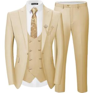 Men's 3 Piece Suits Slim Fit, Blazer Double Breasted Vest and Pants, Wedding Prom Business Suit with Gold Button (Medium, Champagne) Men's 3 Piece Suits Slim Fit, Blazer Double Breasted Vest and Pants, Wedding Prom Business Suit with Gold Button (Medium, Champagne)