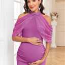 CYCLAMEN Maternity Mermaid Maxi Dress Ruched Cold Shoulder Halter Neck Formal Pregnancy Gown Baby Shower Photoshoot (Pink, L)