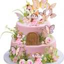 Kigley 38 Pcs Fairy Cake Toppers Garden Topper Fairy Cake Decoration Pink Mushroom Butterfly Flowers Dessert Decoration for Birthday Baby Shower Party Favors