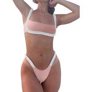 WODECASA Women's Colorblock Bikini Set Square Neck High Cut Cheeky Sexy Two Piece Swimsuit Bathing Suit (Pink, M)