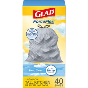 Glad ForceFlex Drawstring Trash Bags, 13 Gal, Fresh Clean, 40 Ct (Package May Vary)