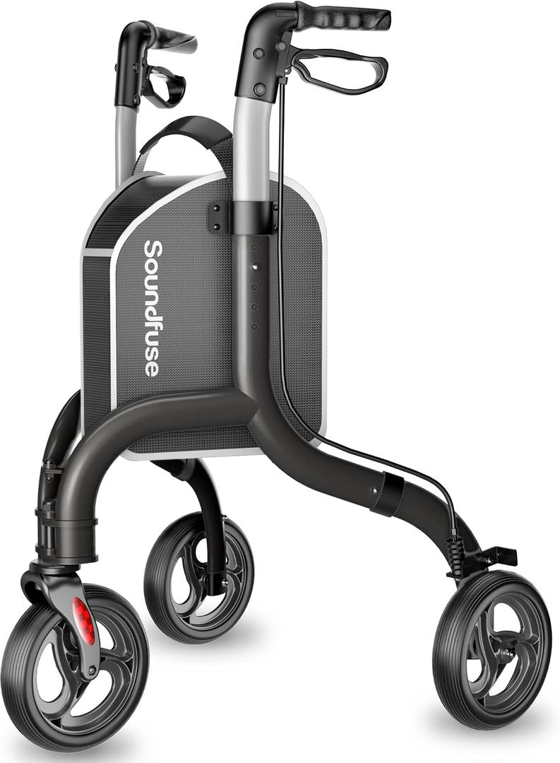 SOUNDFUSE 3 Wheel Walkers for Seniors, Lightweight Foldable Aluminum Rollator Walker, Height Adjustable Three Wheel Walker, Black