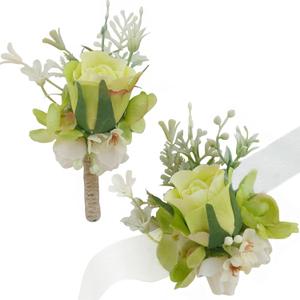 4 x MAFELOE Boutonniere Corsage Set, Artificial Flowers Accessories for Wedding Prom Party Homecoming Celebration Suit Decorations-2 Pieces Green+Creamy White