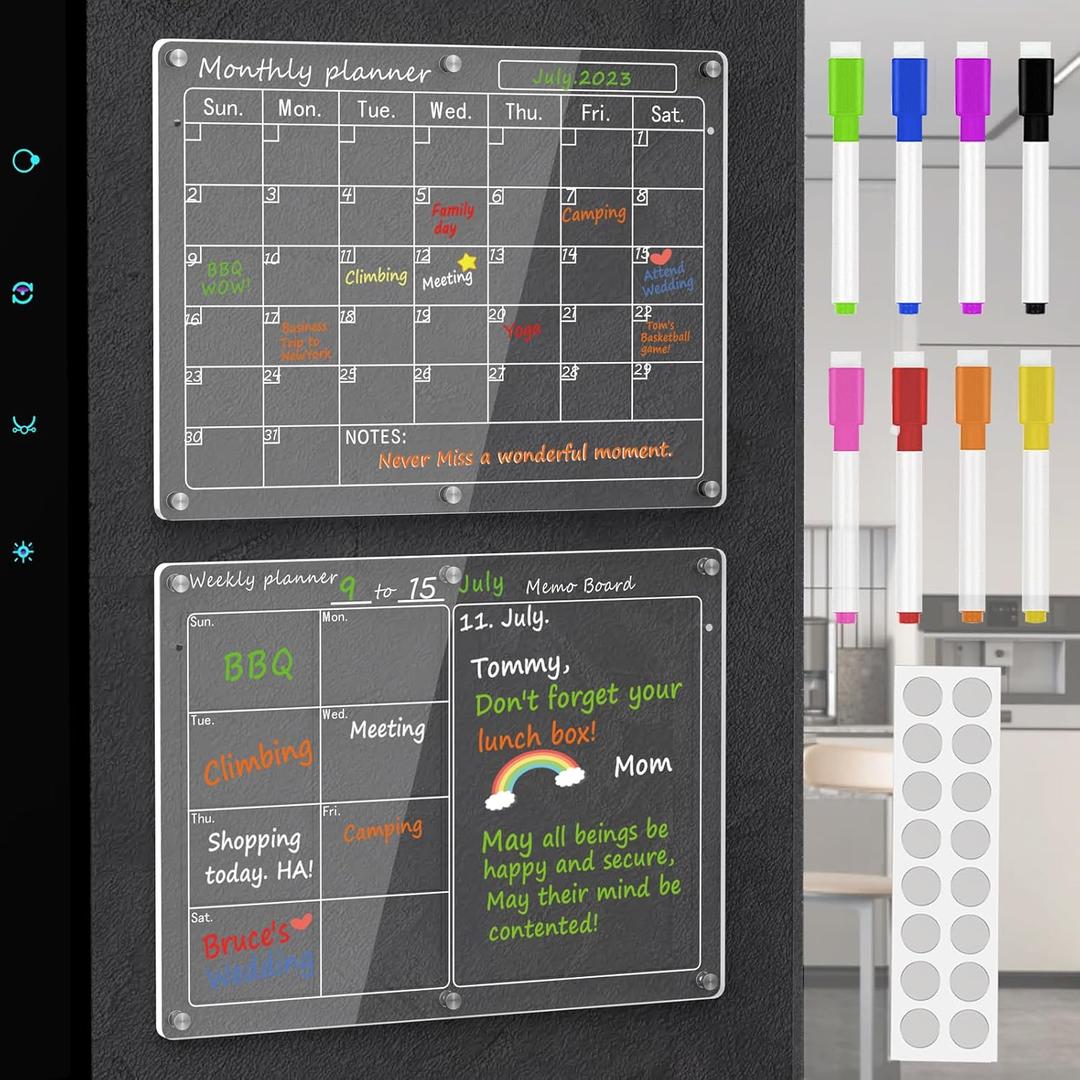 Magnetic Acrylic Calendar for Fridge,2 Pack 11"x15" Clear Fridge Calendar Dry Erase Magnetic Planning Boards Set for Refrigerator with 8 Colorful Highlight Markers