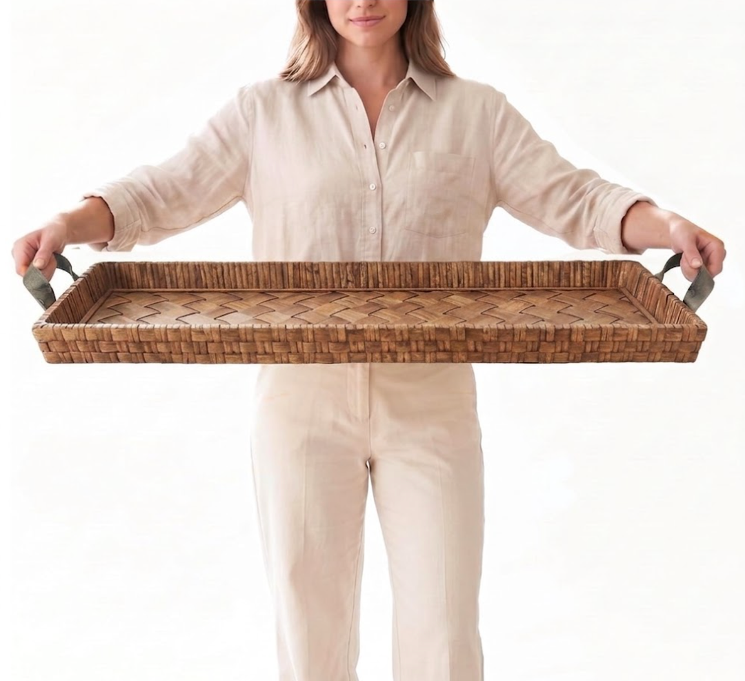 38" Extra Large Handwoven Decorative Tray with Handles | Handwoven Tray with a Sturdy Wood Base, Ideal for Dining Table Centerpieces, Console Tables and Stylish Home Decor pieces are chipped