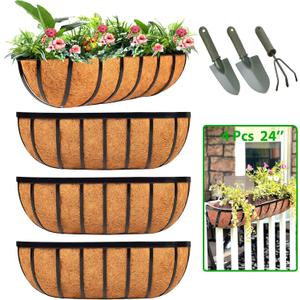 Railing Planter Window Box - 4 Pack 24 Inch Deck Balcony Rail Planter with Coconut Coir Liner, Fence Metal Hanging Flower Basket Deck Railing Planter Boxes for Outdoor Garden (24 Inch - Classic Arc Shape)
