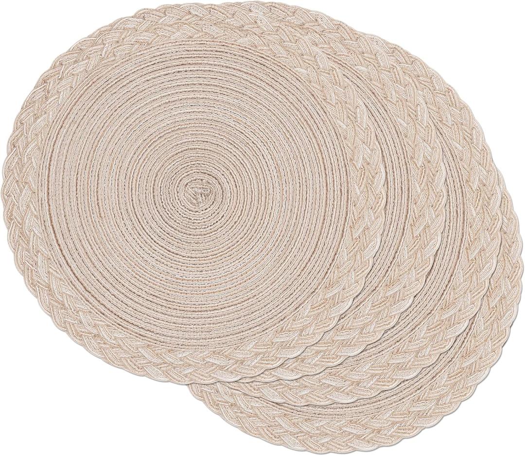 SHACOS Round Placemats Set of 4 Boho Braided Border 15 inch Circle Place Mats Washable Fabric Table Mats for Kitchen Dining Table, Beige
