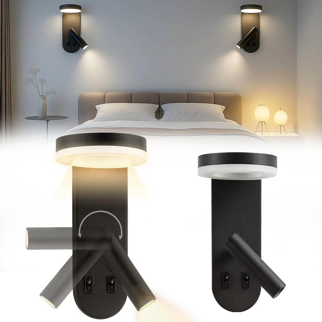 Wall Mounted Reading Lights for Bedroom - Independent Switch, 350 Adjustable Bedside Lamps Set of 2, Hardwired Installation LED Wall Sconces for Living Room, Study Room (Black, 8.65")