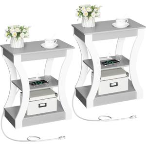 End Table Set of 2 with Charging Station, Side Table with USB Ports and Outlets, Nightstand, 3 Tier Bedside Table with Storage Shelf for Living Room, Bedroom, Small Space, Grey ETSW53E01S2