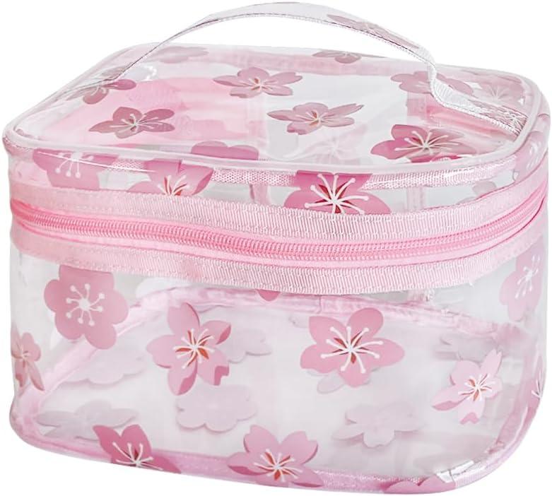 Clear Pink Flower Cosmetic Bag and Travel Pouch with Handle 9.06x5.51x5.51inch -Durable PVC Material,Versatile,Zipper Design for Smooth Sliding-Ideal for Makeup,Travel Essentials