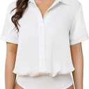 TQD Women Button Down Bodysuit Long Sleeve Collared Shirt Satin Blouse Bodysuits Tops Business Casual Office Professional (White, M)