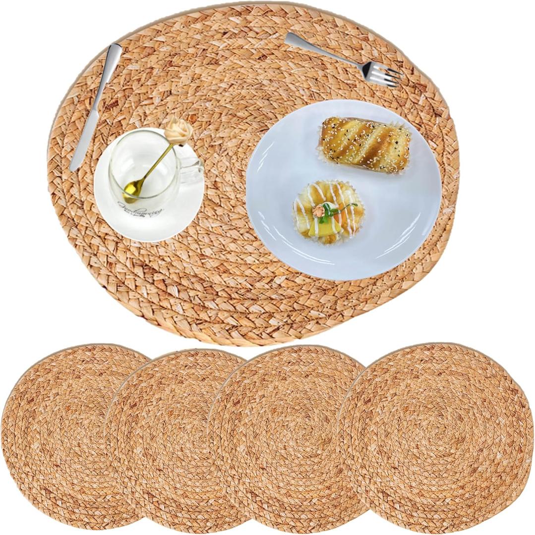 Round Woven Placemats Set  Natural Water Hyacinth Placemats for Dining Table, Heat-Resistant Boho Wicker Chargers, Rustic Farmhouse Table Decor (Natural, 38cm Set of 4)
