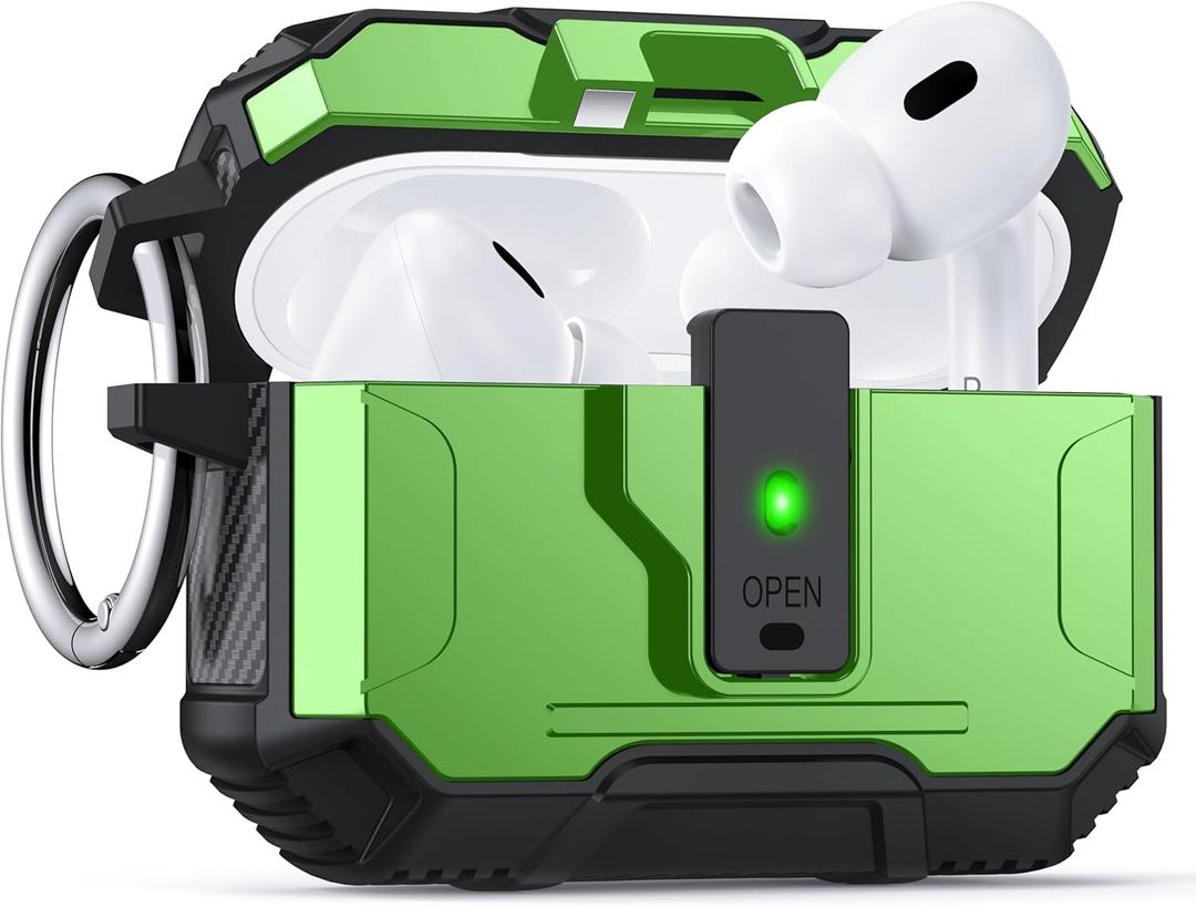 2 x for AirPods Pro 2 Case Cover[Safety Lock][Magnetic One-Click Open][Military Shockproof Armor]Double Rugged Outdoor Wireless Charging Case for AirPods Pro 2nd Generation with Keychain,Grass Green