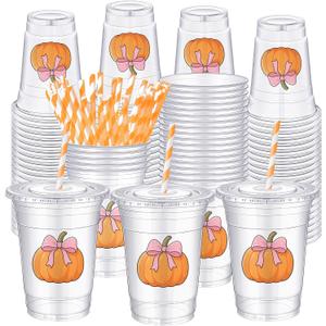 Sliner 50 Pcs 16 oz Coquette Disposable Plastic Cups with Straw for Party Supplies Bow Cups Birthday Wedding Bridal Engagement Party Drinkware Baby Shower Decoration (Pumpkin)