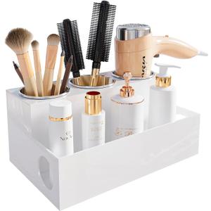 Hair Tool Organizer, White Acrylic Hair Dryer Holder with Insulated Cup, Bathroom Supplies Countertop Blow Dryer Holder, Vanity Caddy Storage Stand for Accessories, Makeup, Toiletries