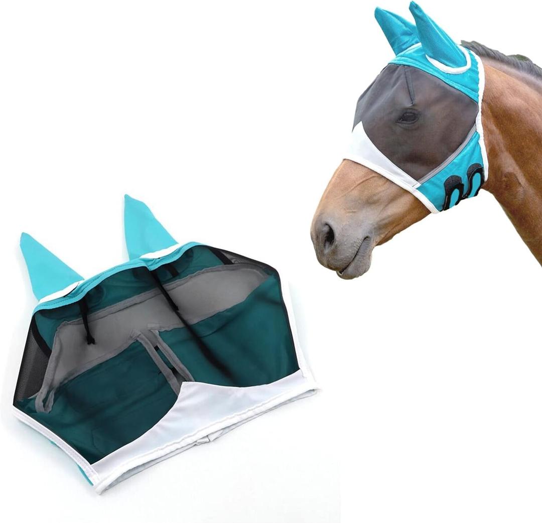 Andiker Soft Mesh Horse Fly Mask with Ears, Breathable Horse Face Mask Protect Eyes and Face (Large, Green)
